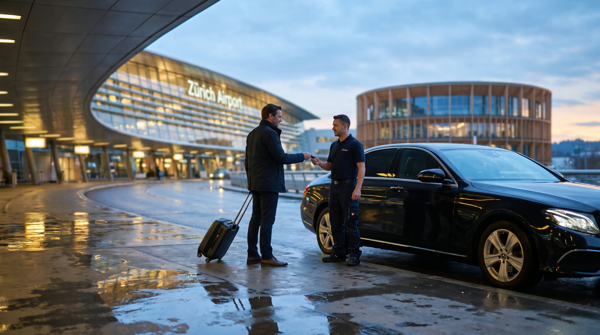 Schlüsselübergabe mit Koffer vor dem Terminal des Flughafens Zürich