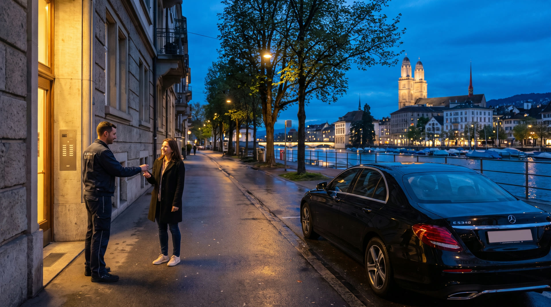 Rückgabe des gereinigten Autos vor einem Haus in Zürich am Abend, mit See und Altstadt im Hintergrund